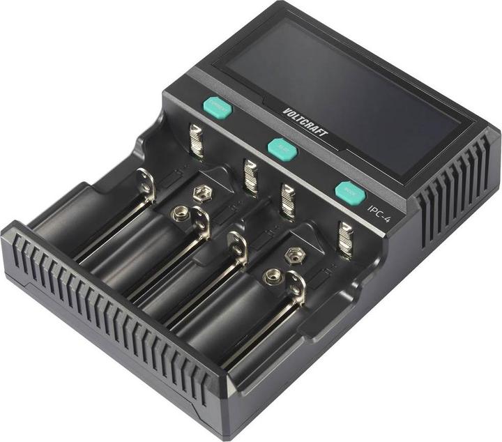 Voltcraft IPC-4 Chargeur de piles rondes LiIon, LiFePO, NiMH, NiCd, LiFePO4 A, Mignon (AA), Micro (AAA) (1 pcs, 10440, 14500, 16340, 17335, 17500, 17670, 18490, 18650, 21700, 22650, 26500, 26650, 32650, AA, Sous-C, AAA, A, Chargeurs sans batterie)