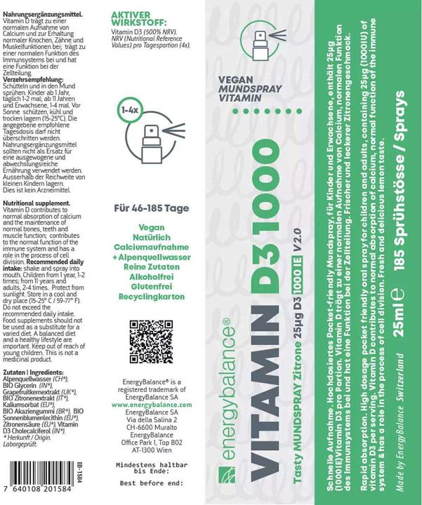Valori nutrizionali e ingredienti Energybalance Vitamina D3 1000 (1 Pezzo/i, Getto vaporizzato, 0.03 g)