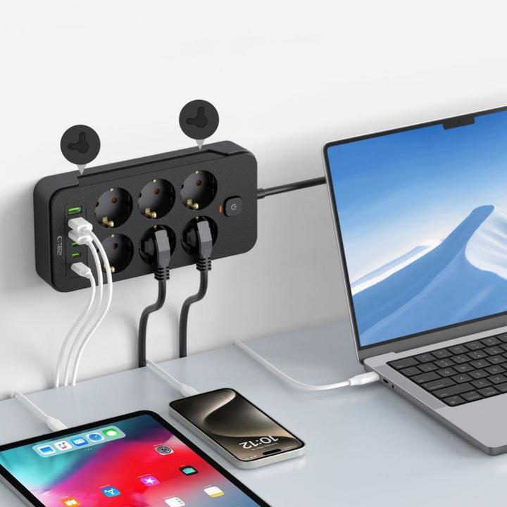 Actual product image Tech-Protect PC6X6 Power Strip 6 Sockets 240V + 3xUSB-A + 3xUSB-C 200cm - Black (3 x, USB-C, USB-A, 2 m)