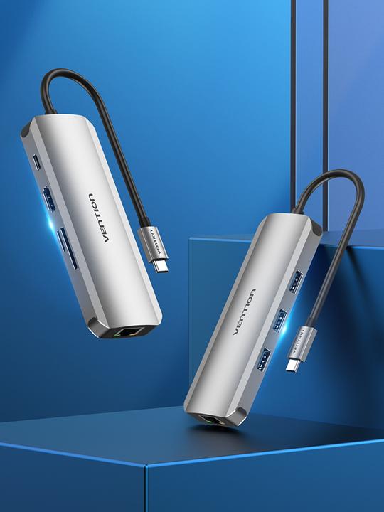 Image du produit Vention Station d'accueil USB-C vers HDMI, 3x USB3.0, RJ45, SD, TF, PD 0.15m TOKHB (gris) (USB-C, 4 Ports)