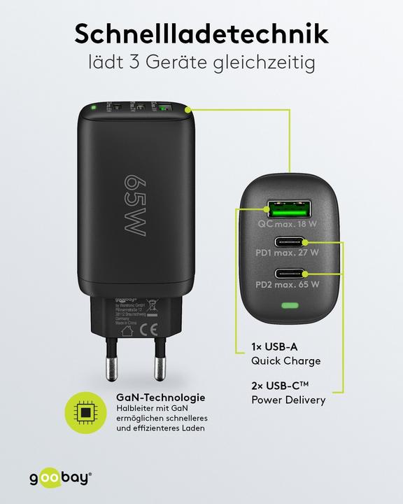 Immagine prodotto Goobay Caricatore rapido USB-C PD a 3 porte 65 W nero (65 W)