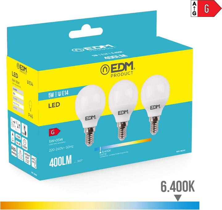 Actual product image EDM Packung mit 3 LED-Lampen 98202 G 35 W 5 W 50 W E14 400 lm Ø 4,5 x 8 cm (6400 K) (E14, 50 W, 400 lm, 3 x, G)