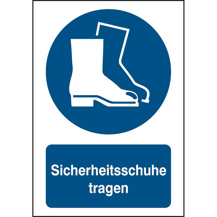 Actual product image Brady B-862, Toughwash mandatory sign, M008 - Wear safety shoes, polyester, white on blue, 29