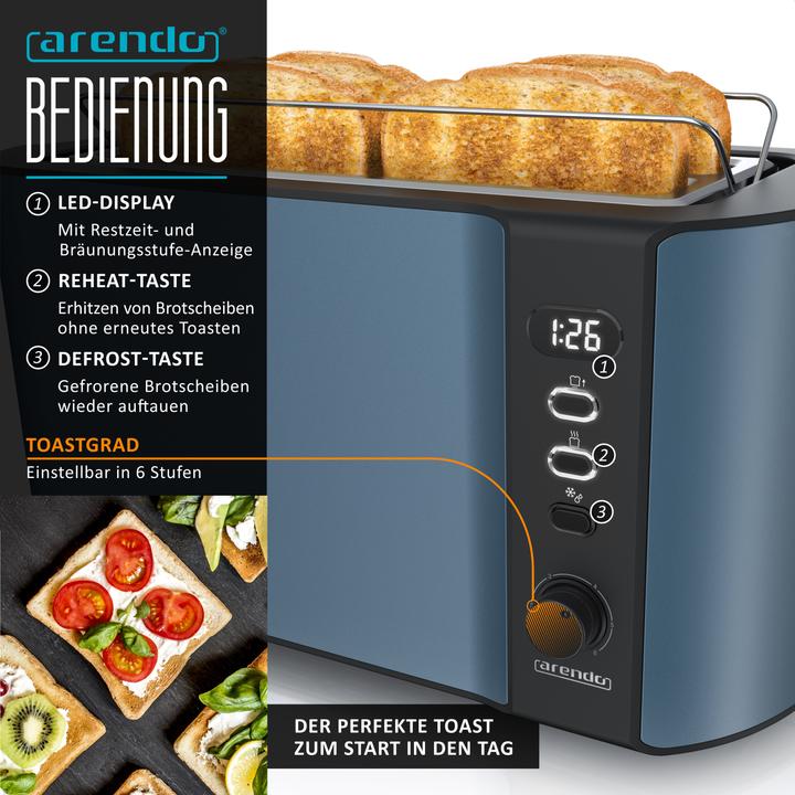 Produktbild Arendo Frühstücks Set Edelstahl Wasserkocher 1,5l Temperaturwahl & 4-Scheiben Langschlitz Toaster Blau Matt (1.50 l)