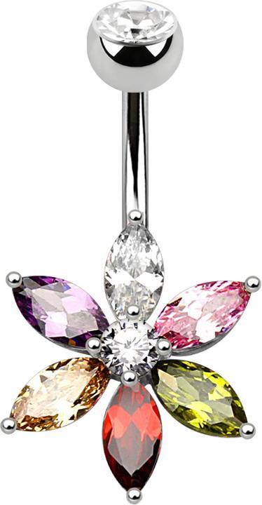 Star Piercing Banane silber mit Kristallblume farbig (Messing, Chirurgenstahl 316L)