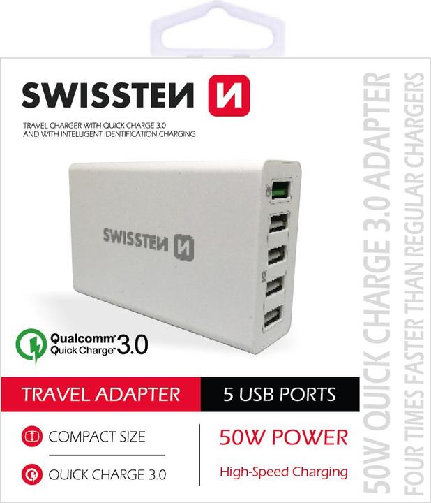 Produktbild Swissten USB Ladegerät Qualcomm 3.0 Quick Charge + Smart IC mit 5x USB 50W Power (50 W)