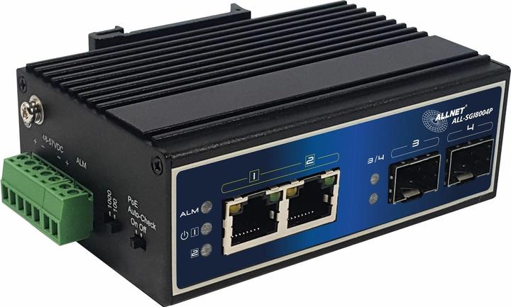 Produktbild Allnet switch unmanaged industrial 4 port gigabit 120w / 2x poe+ / 2x sfp / lüfterlos / din / ip40 (2 Ports)