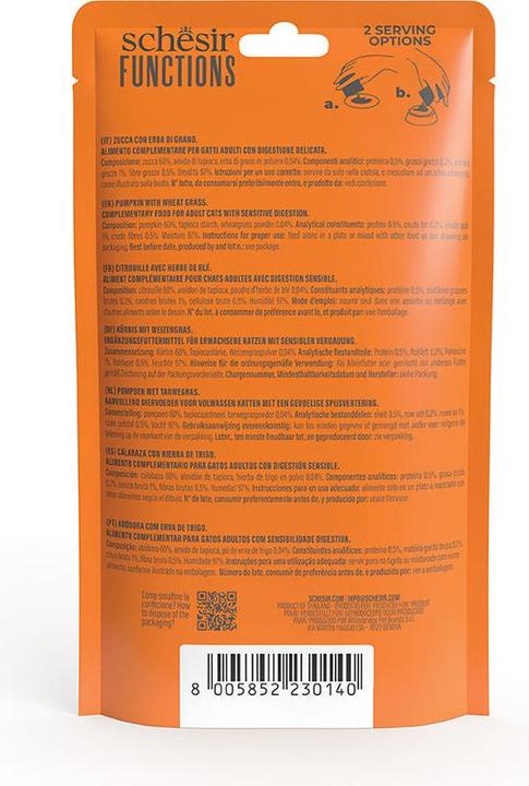 Nährwerte und Zutaten Schesir Functions Digestive Topper, Kürbis mit Weizengras, 40g (Adult, 1 Stk., 40 g)