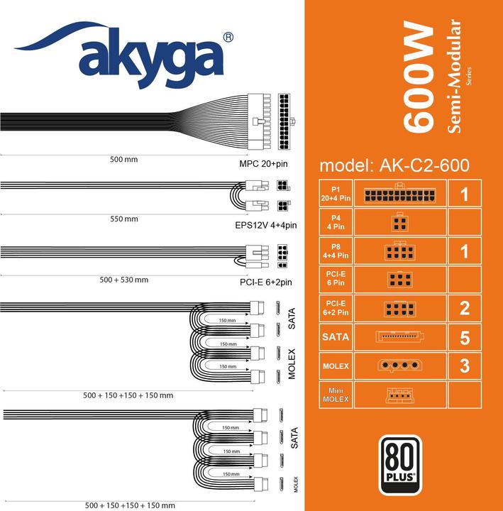 Valeurs nutritives et ingrédients Akyga Alimentation ATX 600W AK-C2-600 Semi-Modular P4+4 2x PCI-E 6+2 pin 5x SATA 3x Molex FAN 12cm (600 W)