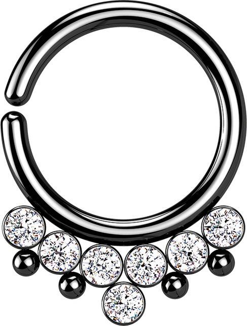 Star Piercing Micro Piercing Ring schwarz vier Kugeln und sieben Kristalle silber (Chirurgenstahl 316L, ohne Messing)