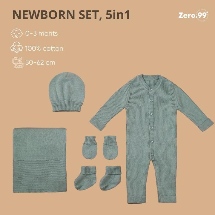 Actual product image Zero.99 Newborn Set 5 pcs. - Blanket, Buttoned Sleepsuit, Scratch Mitts, Booties, Hat, Mint (50, 56, 62, 68)