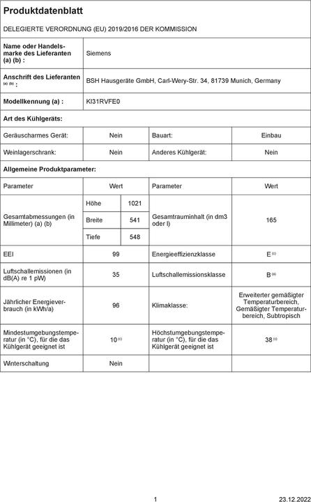 Produktbild Siemens KI31RVFE0 (165 l)