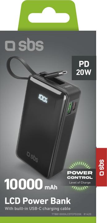 Produktbild SBS 10.000 mAh-Powerbank mit integriertem USB-C Kabel (10000 mAh, 20 W, 37 Wh)