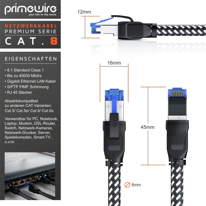 Produktbild Primewire CAT 8 Netzwerkkabel 40 Gbits - Baumwollmantel - LAN Kabel Patchkabel RJ45 - S/FTP PIMF Schirmung (S/FTP, 10 m)