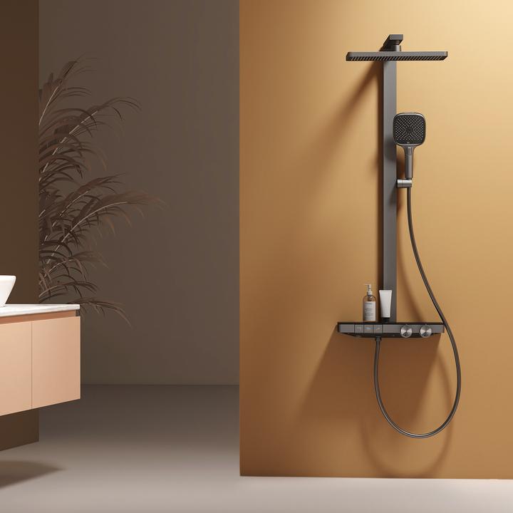 Produktbild Emke Duschsystem mit Thermostat Anthrazit Matt Einstellbarer Durchfluss 4-Strahl Handbrause inkl Brausest