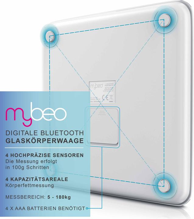 Produktbild Mybeo Körperfettwaage, Digitale Bluetooth Körper Analyse Waage, Diagnosewaage mit App-Steuerung, weiss (180 kg)