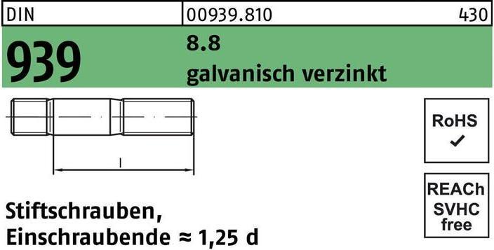 Immagine prodotto Bullone DIN 939 M 10 x 65 8,8 zincato con estremità avvitata=1,25d (50 Viti per pezzo)