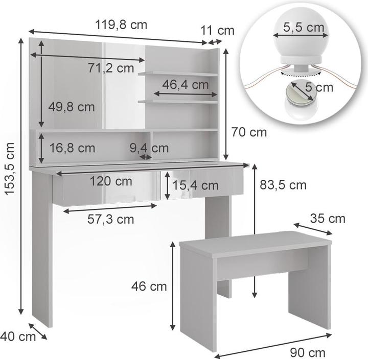 Produktbild Vicco Azur mit Hocker und Beleuchtung (120 x 40 x 83.5 cm)