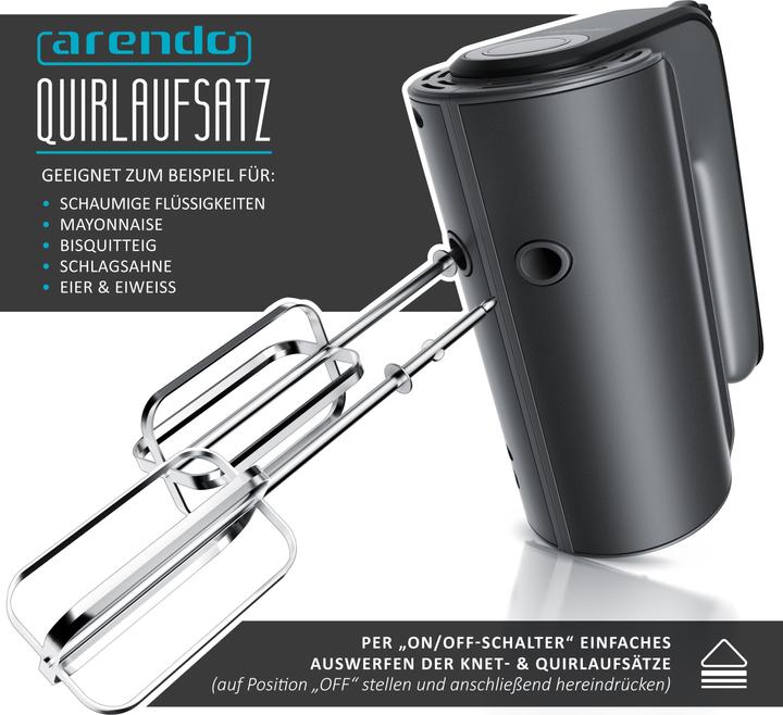 Produktbild Arendo Elektrischer Handmixer, Rührmixer Edelstahl mit Turbostaste, Handrührer inkl. 2 Quirle & 2 Knethaken (350 W)