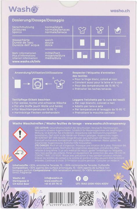Valeurs nutritives et ingrédients Washo Bandelettes de lavage (60 Cycles de lavage, Linge de toilette)
