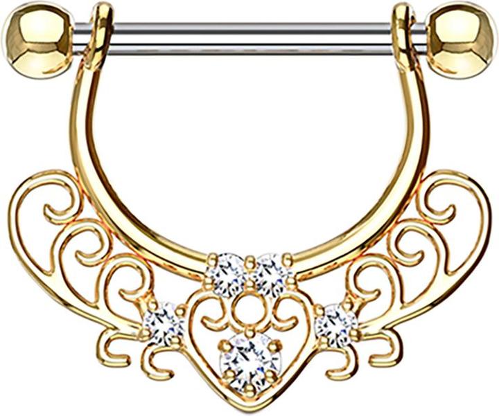 Star Piercing Barbell 14k vergoldet mit filigranen Herzmuster und Kristall (Chirurgenstahl 316L, Messing)