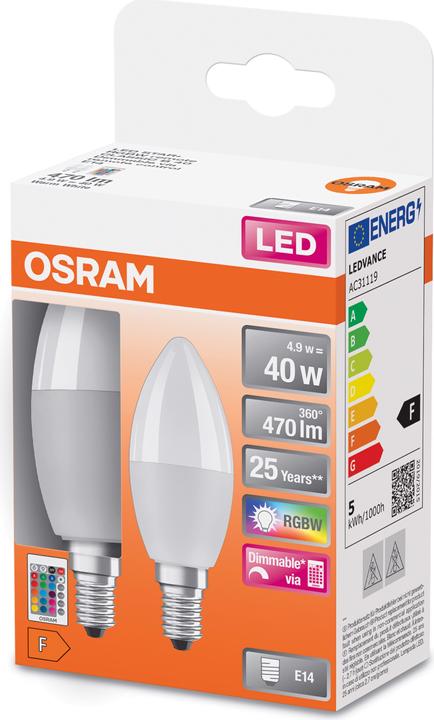 Produktbild Osram Led Retrofit Rgbw Lamps With Remote Control (E14, 4.90 W, 470 lm, 2 x, F)