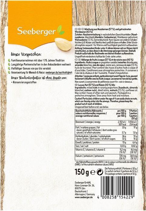 Valeurs nutritives et ingrédients Seeberger Alimentation des étudiants (150 g)