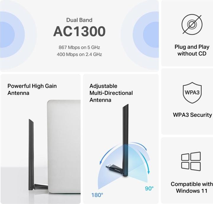 Actual product image Mercusys TP-LINK MA30H AC1300 High Gain Wi-Fi USB Adapter (USB)