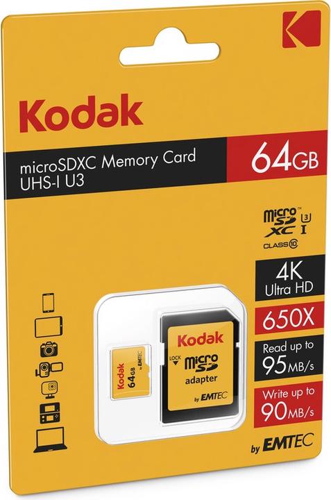 Image du produit Kodak SD MICRO 64GB CL10 UHS-I U3 V30 A1 ULTRA CON ADATTATORE (64 Go, microSDXC, U3, UHS-I)