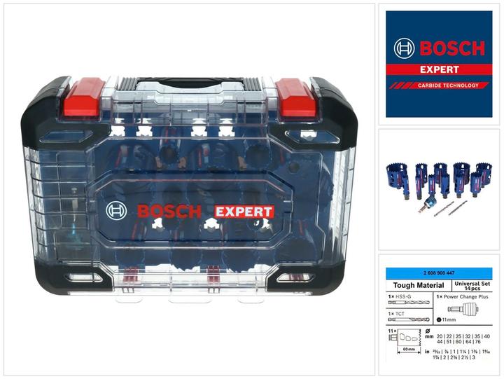 Produktbild Bosch Professional Zubehör EXPERT Tough Material Lochsäge-Set, 20/22/25/32/35/40/44/51/60/64/76 mm, 14-tlg. (20, 22, 25, 32, 35, 40, 44, 51, 60, 64, 76 mm)
