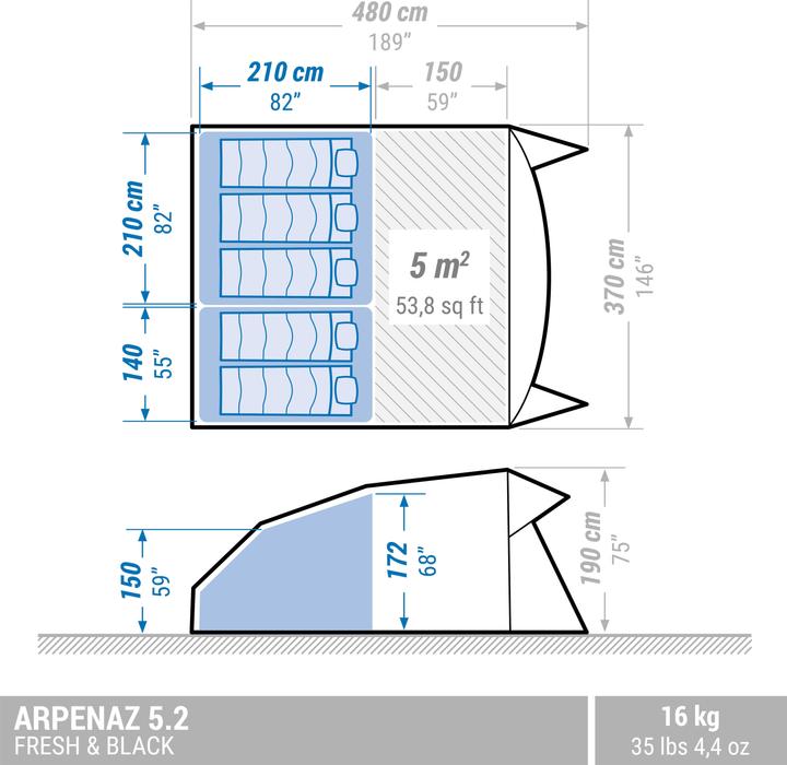 Immagine prodotto Quechua Tenda familiare con pali Fresh & Black - Arpenaz 5.2 per 5 persone 2 cabine (Tenda a tunnel, 16.70 kg, 5 persone)