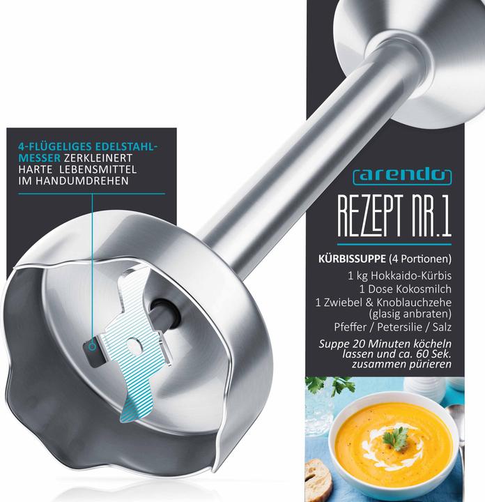 Actual product image Arendo Hand blender 1000W grey, stainless steel hand blender DC motor, infinitely variable speed control
