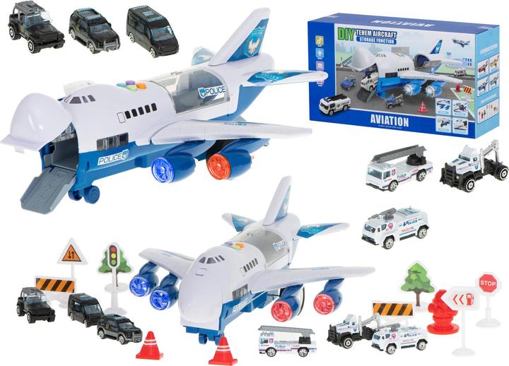 Ikonka Transporter Flugzeug + 6 Autos Polizei Seite/Front