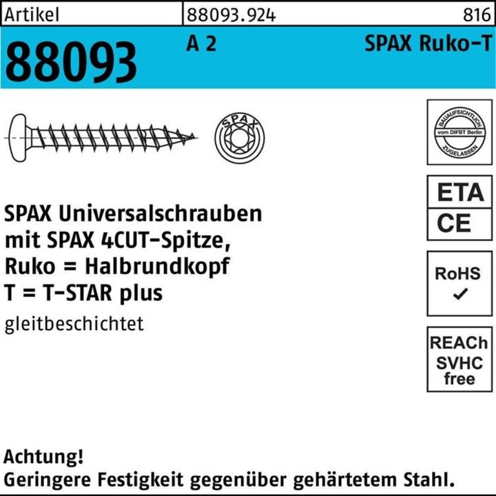 Energie-Label Spax Schraube R 88093 Ruko m.Spitze/T-STAR VG 3,5 x 30/25-T15 A 2 (200 Schrauben pro Stück)