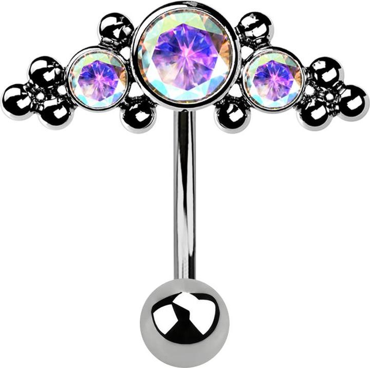 Hollywood Body Jewelry Micro Threadless Banane silber mit Kugel und Aufsatz mittig mit Kugeln und drei Kristallen multicolo (ohne Messing, Titan G23)