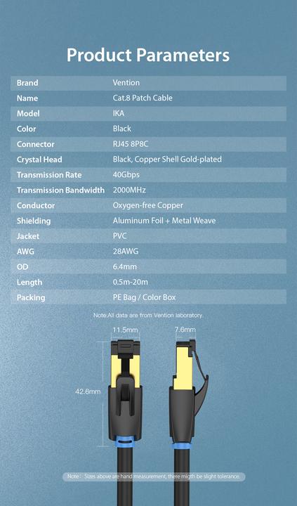Produktbild Vention Category 8 SFTP Network Cable IKABJ 5m Black (S/FTP, CAT8.1, 5 m)