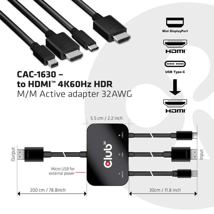 Produktbild Club 3D Aktiver Adapter Multiport zu HDMI 4K60Hz (USB Typ-C, Mini DP, HDMI, 8 cm)