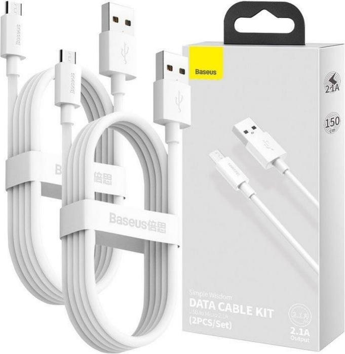 Image du produit Baseus Simple Wisdom Data Cable Kit USB to Micro 2.1A (2PCS/Set) 1.5m White (1.50 m)