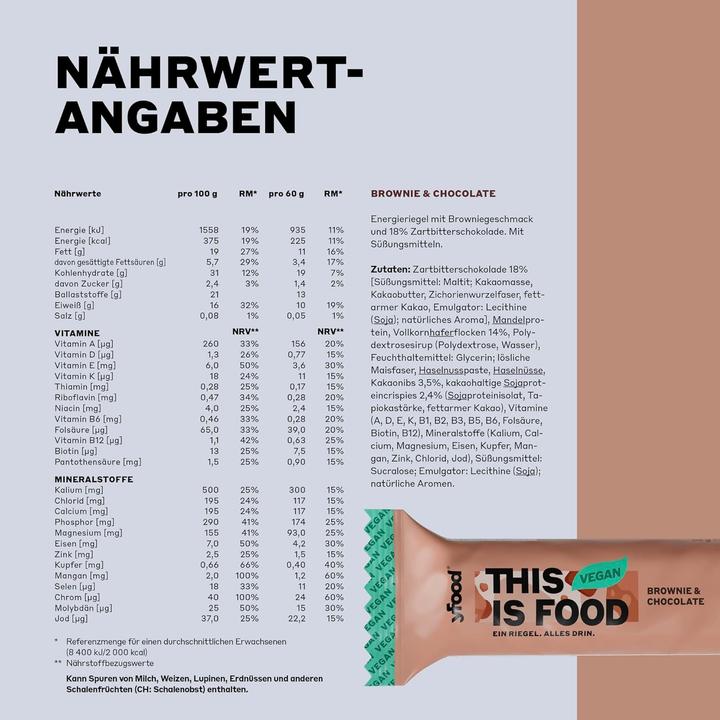 Nährwerte und Zutaten YFood Veganer Protein Riegel (Brownie, Schokolade, 12 Stk., 800 g)