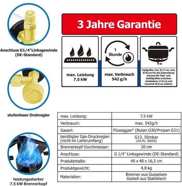 Produktbild Outwell Transportabler Outdoor Gaskocher mit G1/4" Linksgewinde Anschluss