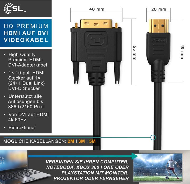 Produktbild CSL DVI zu HDMI Kabel - Dual Link 24 1 - HDTV Auflösungen bis 2560x1600 - OFC Kupferleiter (3 m, HDMI, DVI)