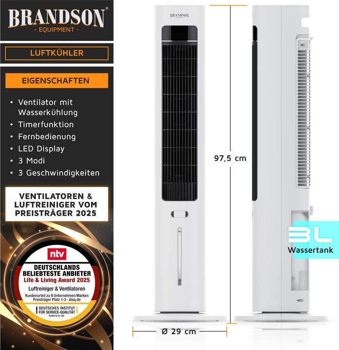 Image du produit Brandson Mobiler Luftkühler, Luftbefeuchter, Verdunstungskühler, 3 Modi, Timer, Lüfter, Klimagerät 55W