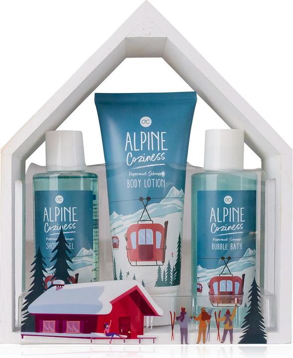 Accentra Badeset ALPINE COZINESS in Holzbox in Hausform, inkl. 150ml Duschgel, 150ml Schaumbad, 150ml Bodylot (Haarpflege set)