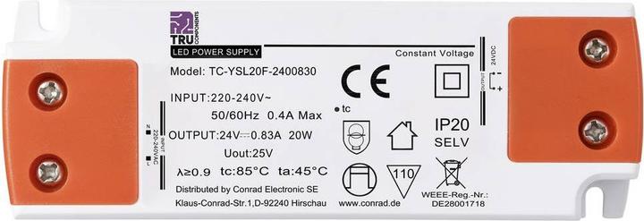 Produktbild Tru Components TC-YSL20F-2400830 LED-Trafo Konstantspannung 20 W 0.83 A 24 V/DC