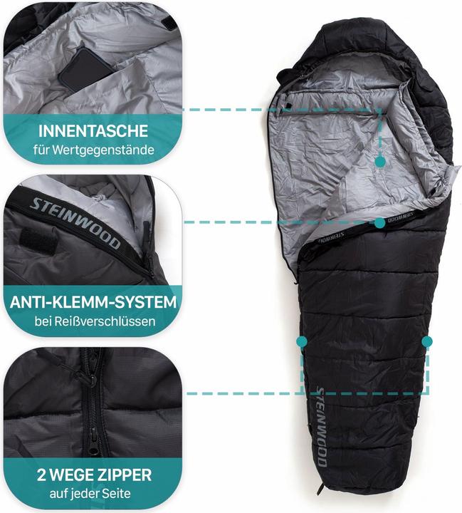 Produktbild Steinwood Premium 3-4 Season Schlafsack 210cm, Koppelbar, extra Breit, Outdoor, Anthrazit (210 cm)