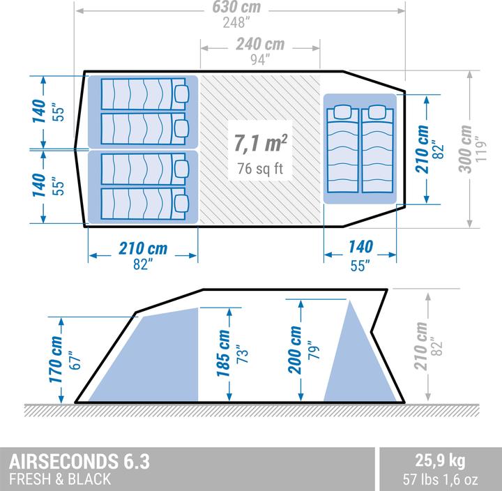 Image du produit Quechua AIRSECOND 6.3 FB New colo 2021 324957 (Tente gonflable, 25.50 kg, 6 personnes)