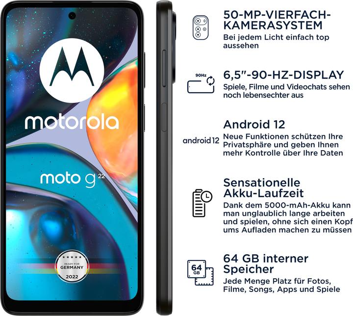 Immagine prodotto Motorola Moto G22 (64 GB, Cosmic Black, 6.50", Doppia SIM, 50 Mpx, 4G)