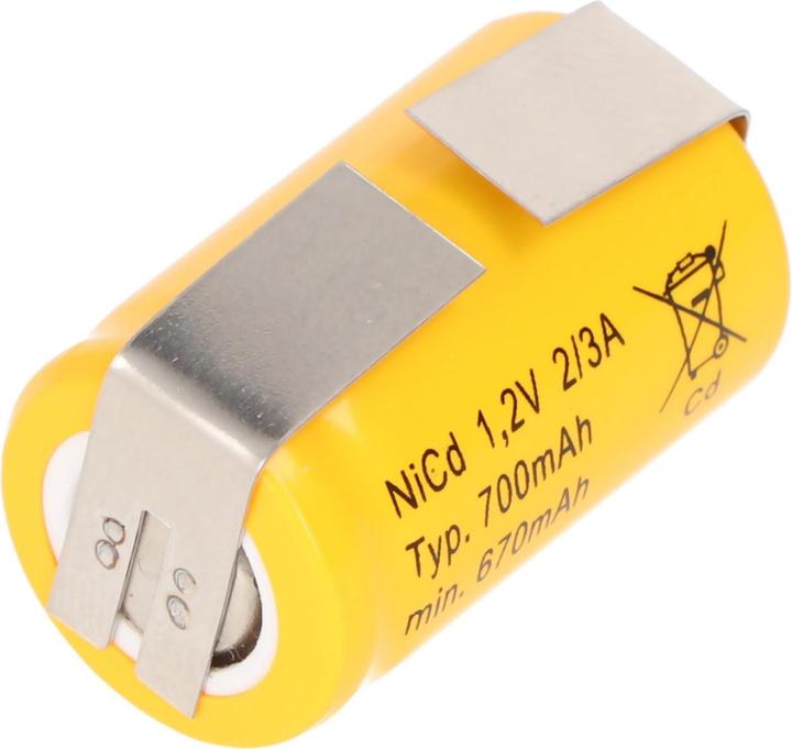 Actual product image AccuCell KR-600AE 2/3 A Cadnica battery with U-shaped solder tags (1 pcs., 700 mAh, Battery + charger)