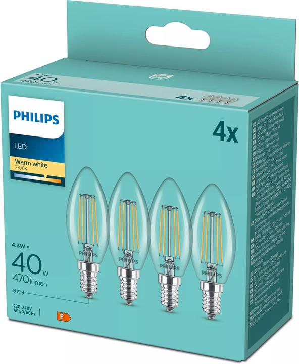 Produktbild Philips LED Lampe E14 4er Set 40W 2700K Filament Kerzenform (E14, 4.30 W, 470 lm, 4 x, F)