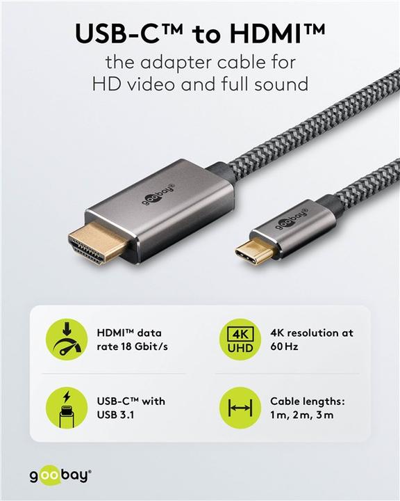 Immagine prodotto Goobay USB-C-auf-HDMI-Textilkabel 4K @ 60 Hz, 1 m, schwarzsilber (1 m, USB tipo C)